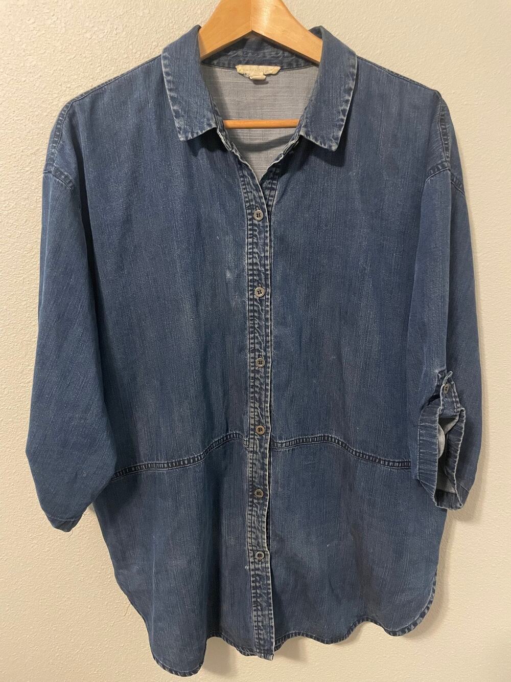Eileen Fisher Tunic Top Womens Large Blue Denim Button Up Relaxed 3/4 Sleeve
